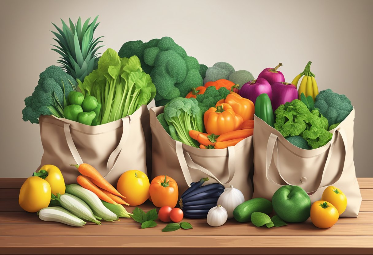 Colorful custom reusable bags stacked on a wooden table with fresh produce spilling out