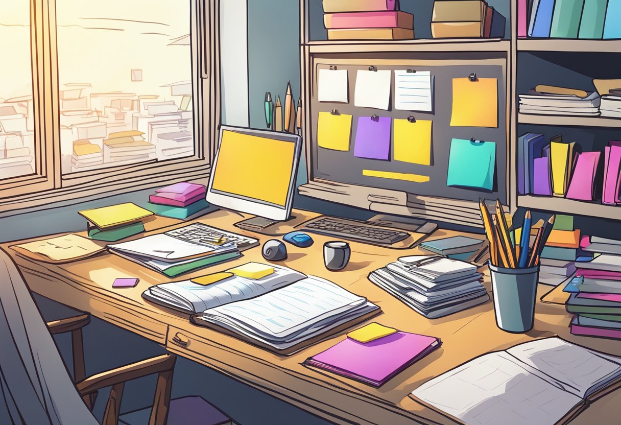A desk with colorful custom planners, pens, and sticky notes scattered around. A window lets in natural light, casting a warm glow on the organized chaos