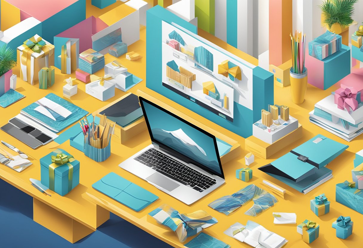 A table with a variety of unique corporate gifts on display. Bright packaging and modern designs catch the eye