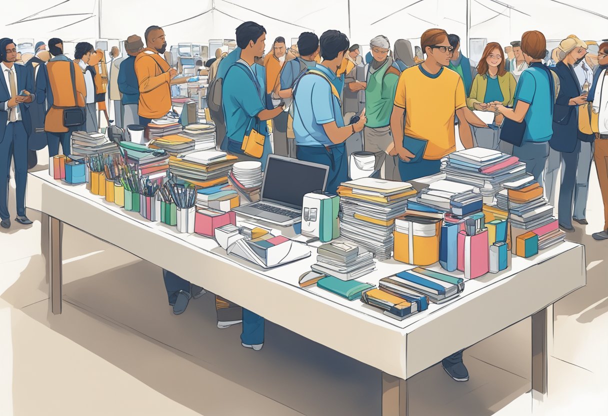 A table filled with branded items: pens, mugs, notebooks, and tech accessories. A crowd admires the array of corporate gifts at a trade show
