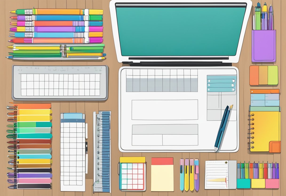 A desk with colorful pens, rulers, and stickers scattered around an open custom planner, ready to be personalized