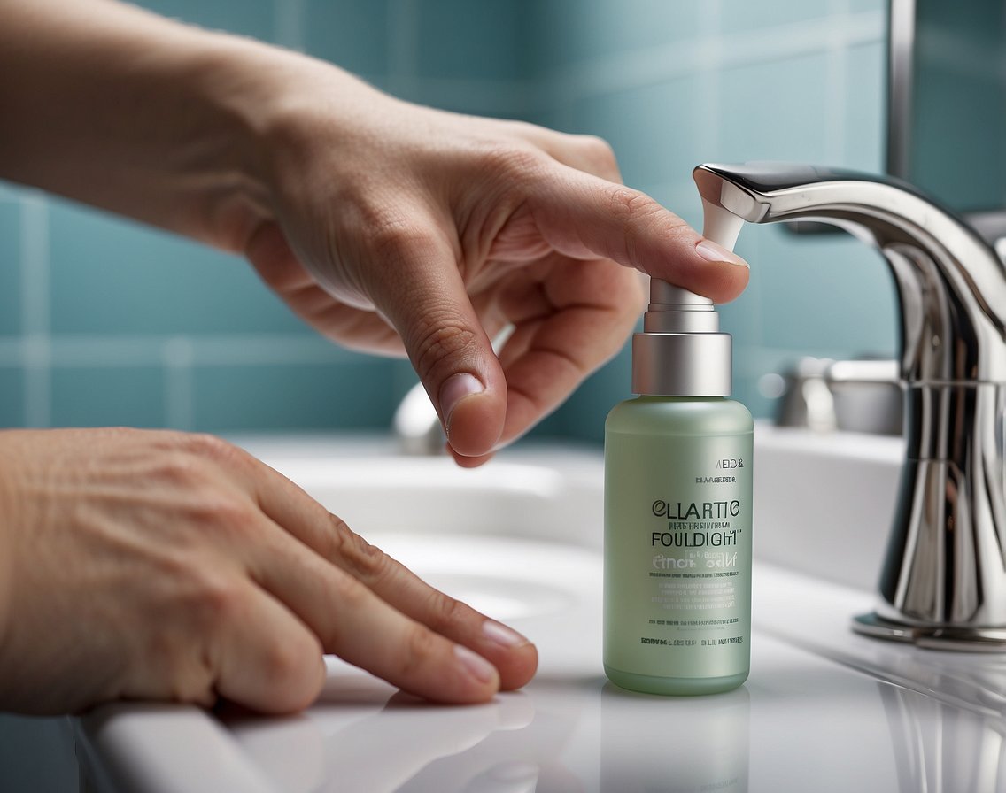 A hand reaching for a deodorant stick, a razor, and a bottle of lotion on a bathroom counter