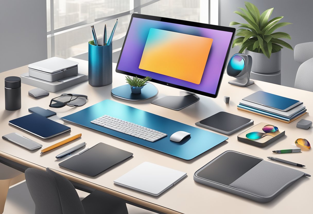 A sleek, modern office desk adorned with high-end tech gadgets, luxury pens, and branded desk accessories