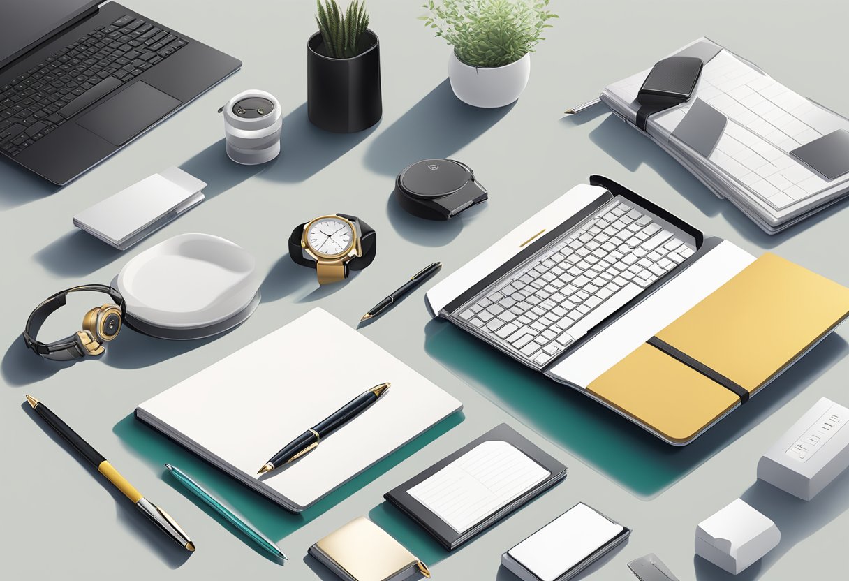 A table displays various trending corporate gifts, including branded notebooks, tech gadgets, and luxury pens