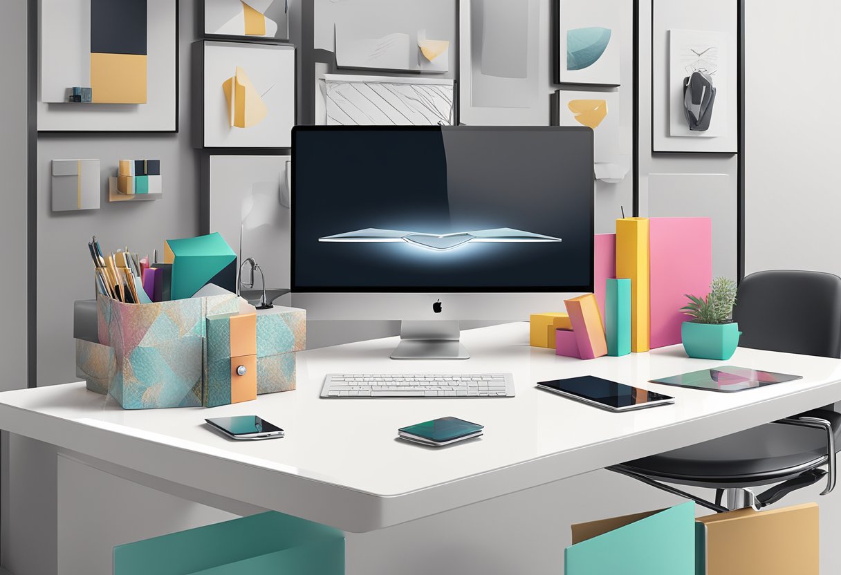 A sleek office desk with branded luxury gifts displayed strategically