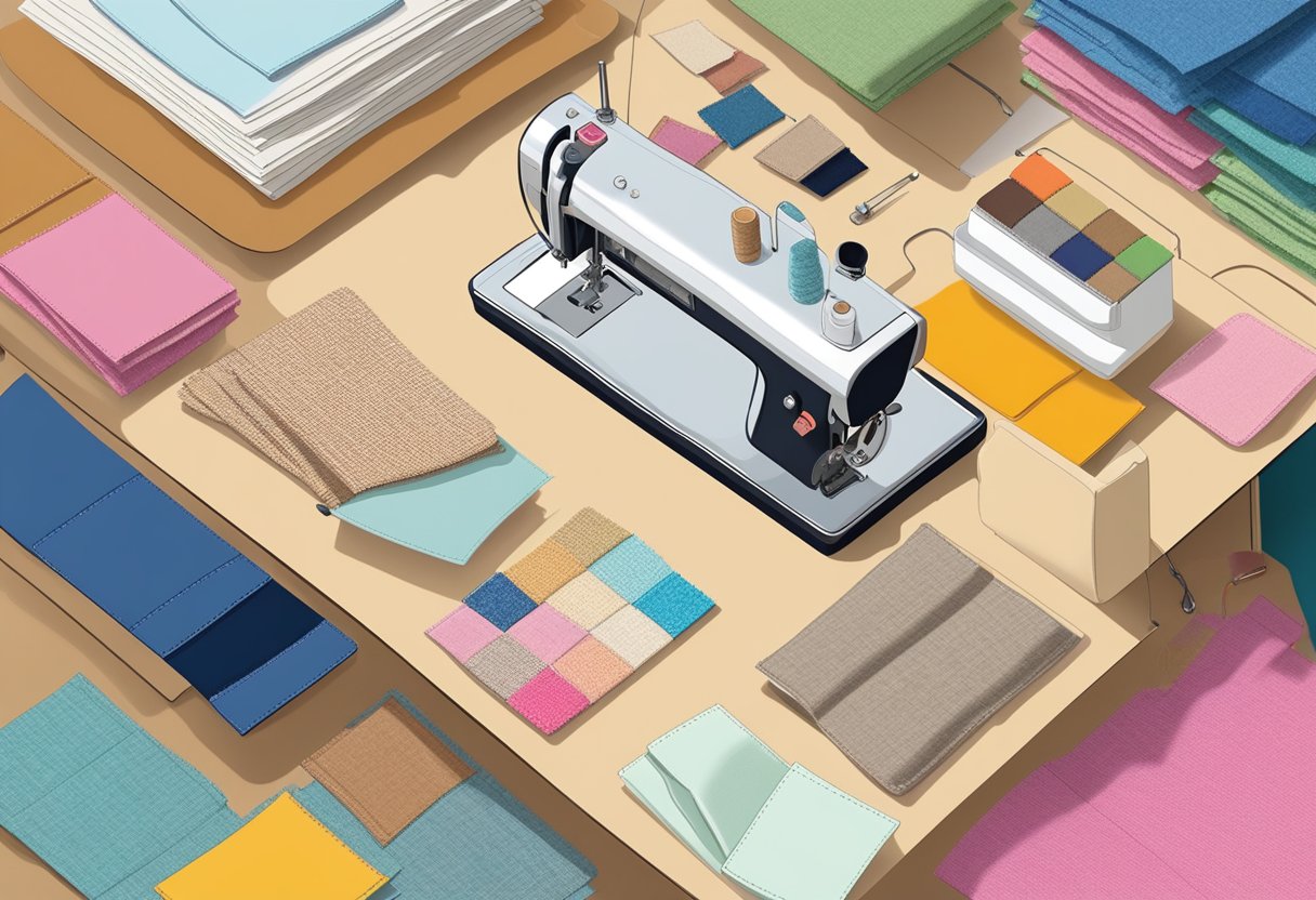 A table with various fabric swatches, sewing machine, and custom bag designs pinned to a corkboard for inspiration