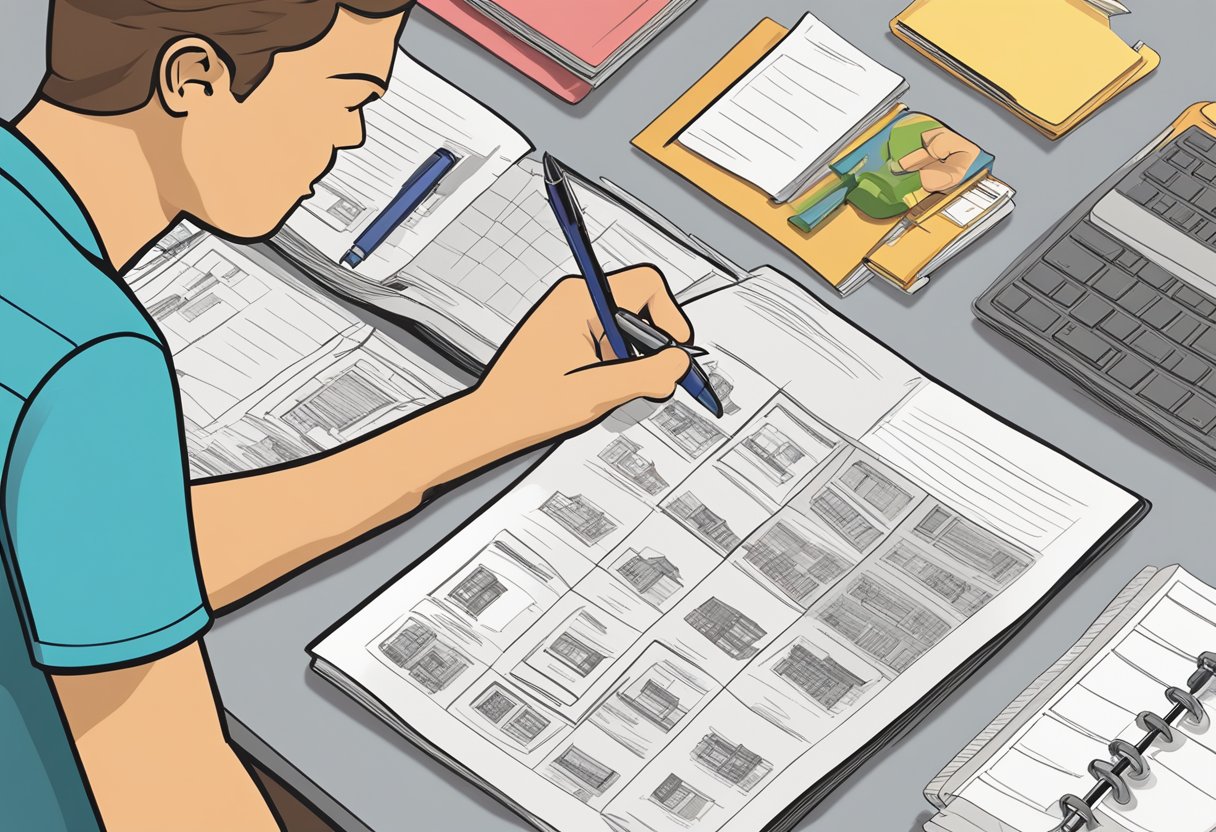 A person browsing through catalog of merchandise suppliers, pointing at options with a pen