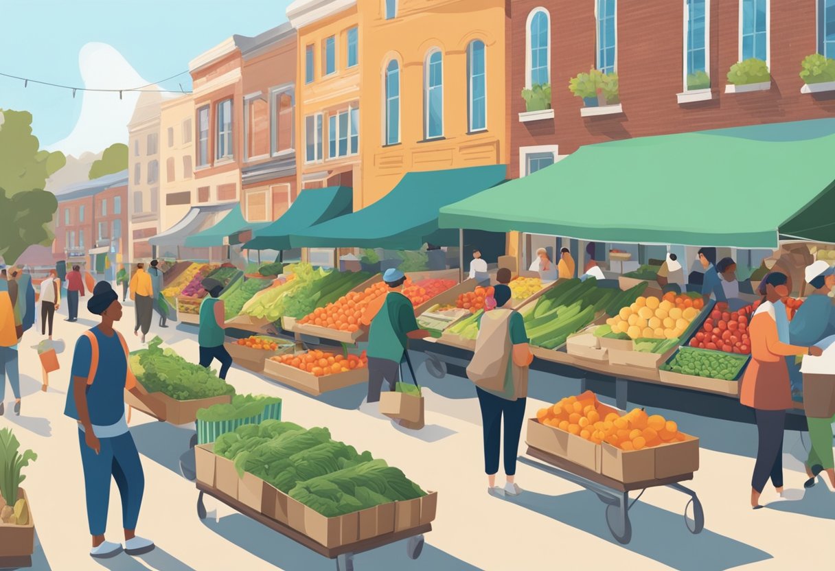 A bustling farmer's market with people carrying custom reusable bags filled with fresh produce and goods, reducing plastic waste