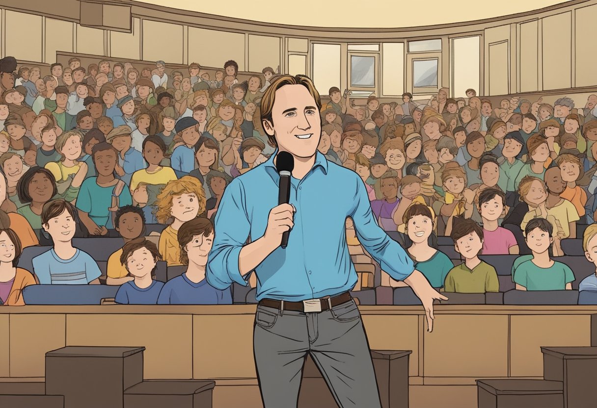 Jay Mohr's early life and career beginnings could be depicted through a young boy passionately performing stand-up comedy in front of a small audience, showcasing his natural talent and ambition