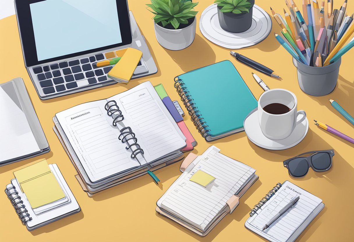 A stack of custom planners with "Frequently Asked Questions" printed on the cover, surrounded by various office supplies and a computer