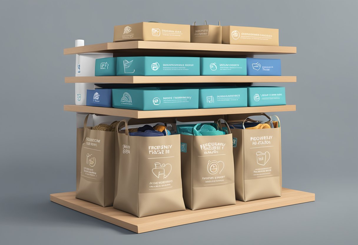 A stack of custom reusable bags with "Frequently Asked Questions" printed on them. The bags are neatly arranged on a display shelf