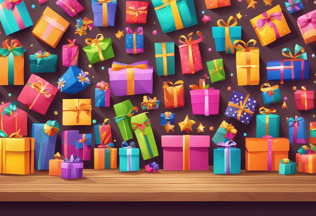 Colorful wrapped presents scattered on a wooden table with festive decorations and ribbons