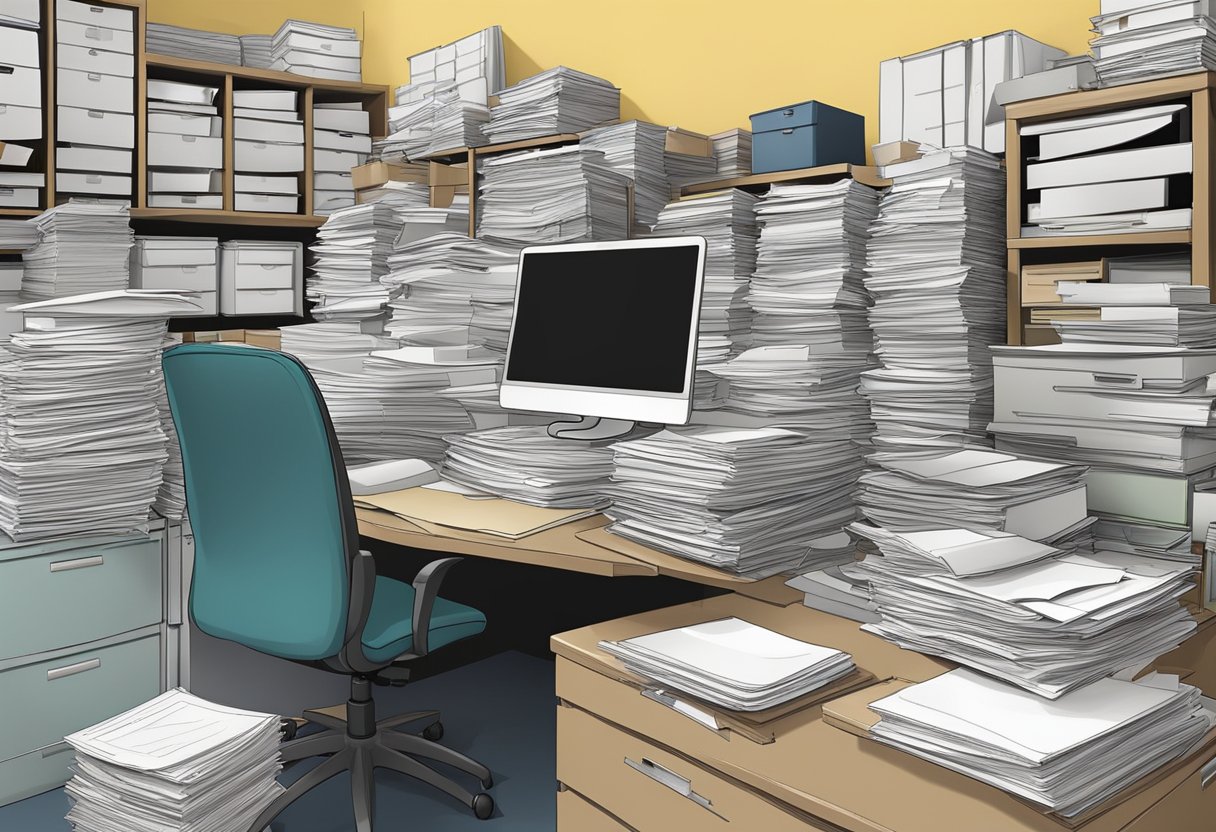 A cluttered office with stacks of papers, overflowing filing cabinets, and a disorganized desk at Simply Hamper Pte Ltd