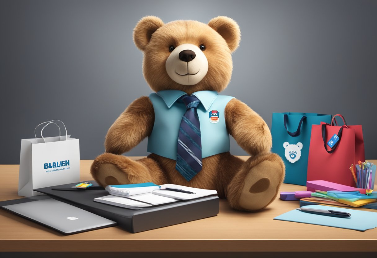 A plush bear wearing a tie sits on a desk surrounded by corporate gifts and a logo-branded gift bag