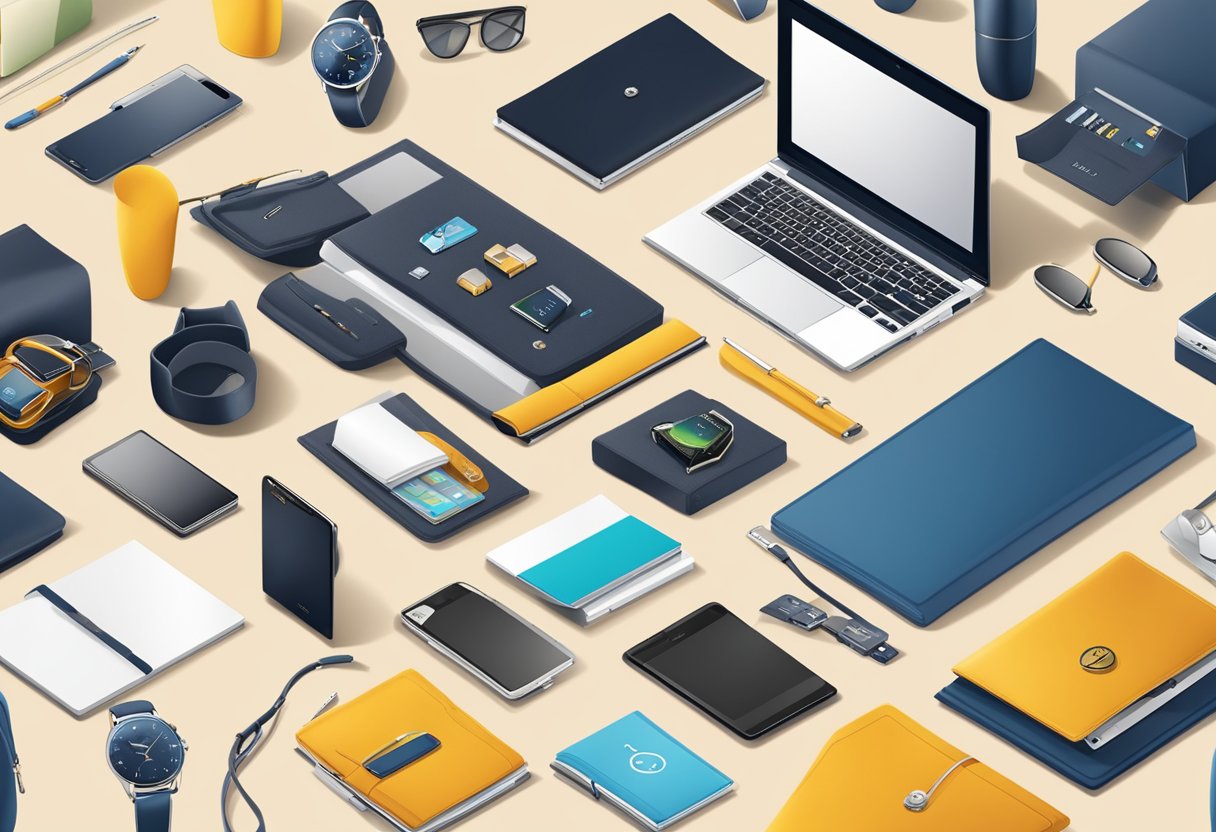 A table displaying a variety of popular corporate gifts, including branded items, tech gadgets, and luxury accessories