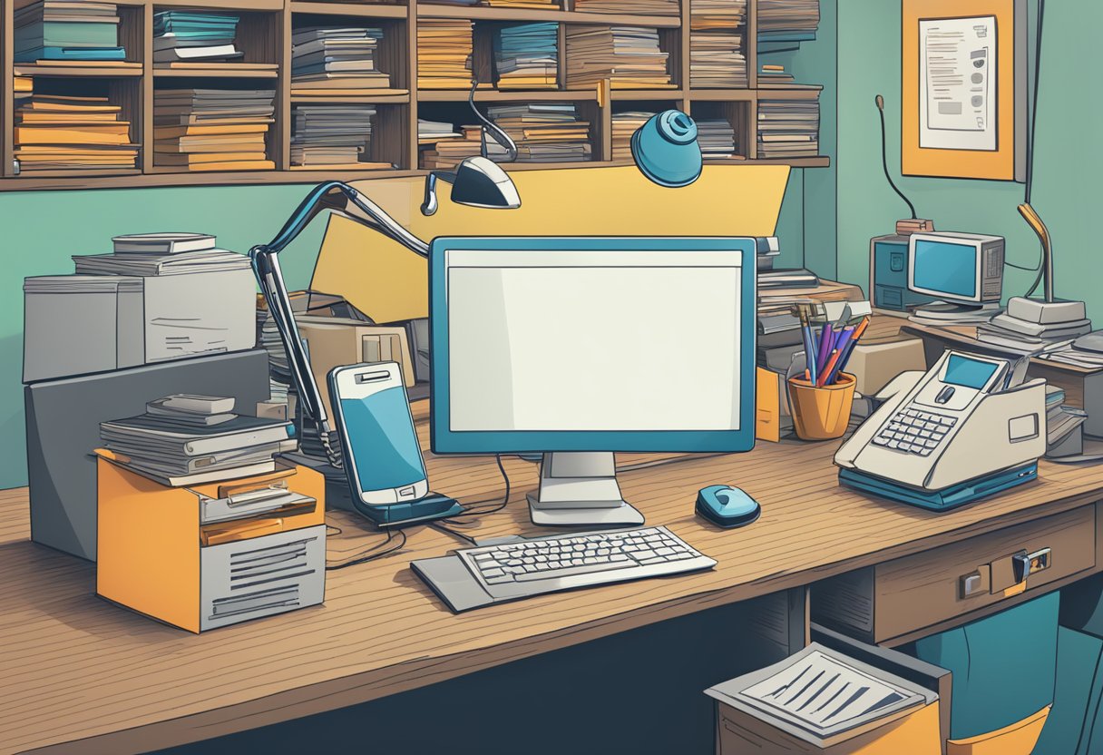 A cluttered desk with stacks of FAQ merchandise, a computer with a customer service chat window open, and a phone ringing off the hook