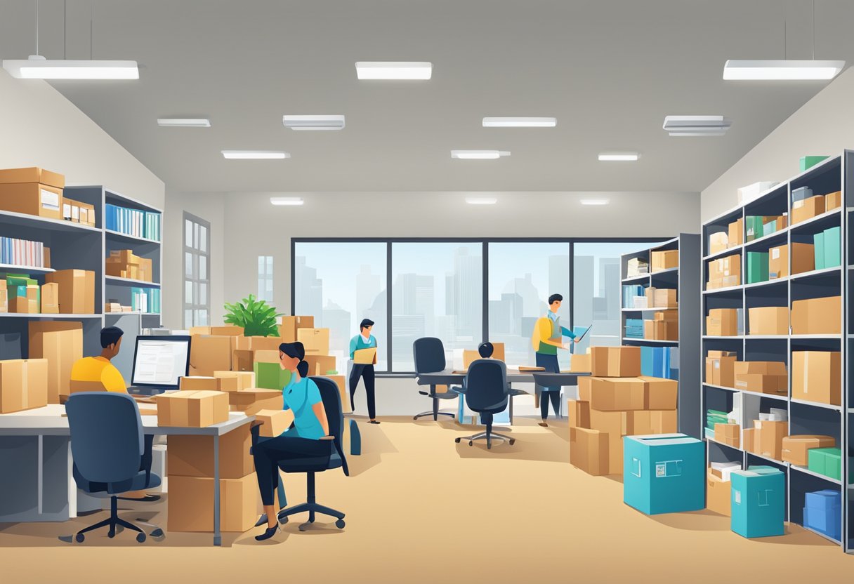 A busy office with shelves of gift items, employees packing boxes, and a delivery truck parked outside