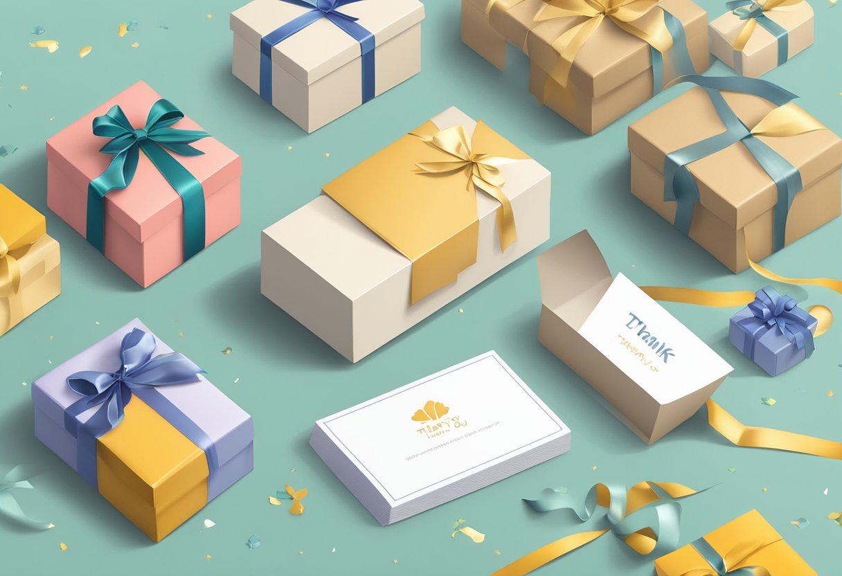 A table with branded gift boxes, ribbon, and a thank you card