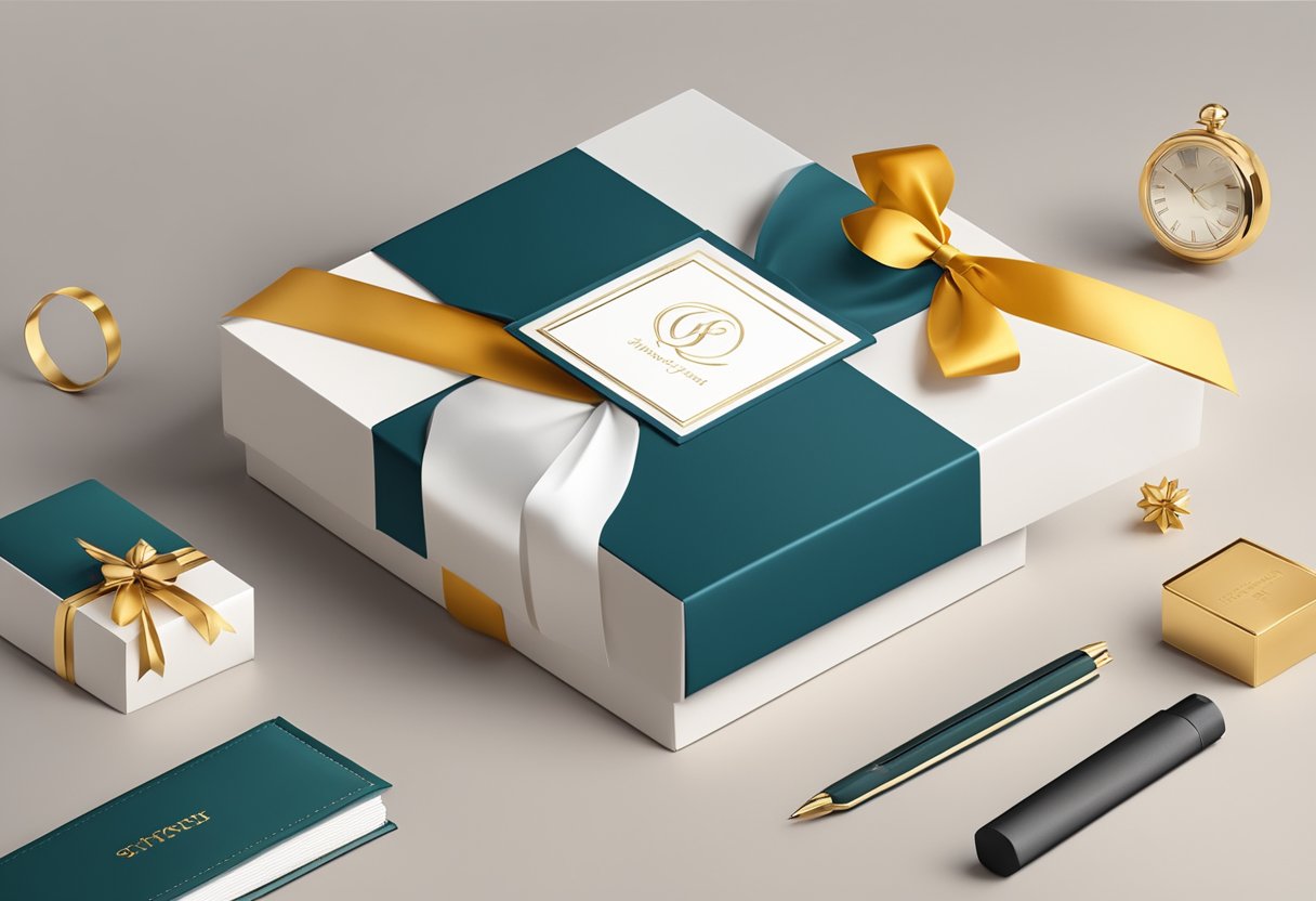 A beautifully wrapped gift box with a ribbon and a personalized corporate logo on the cover, surrounded by elegant and high-quality office supplies and luxury items
