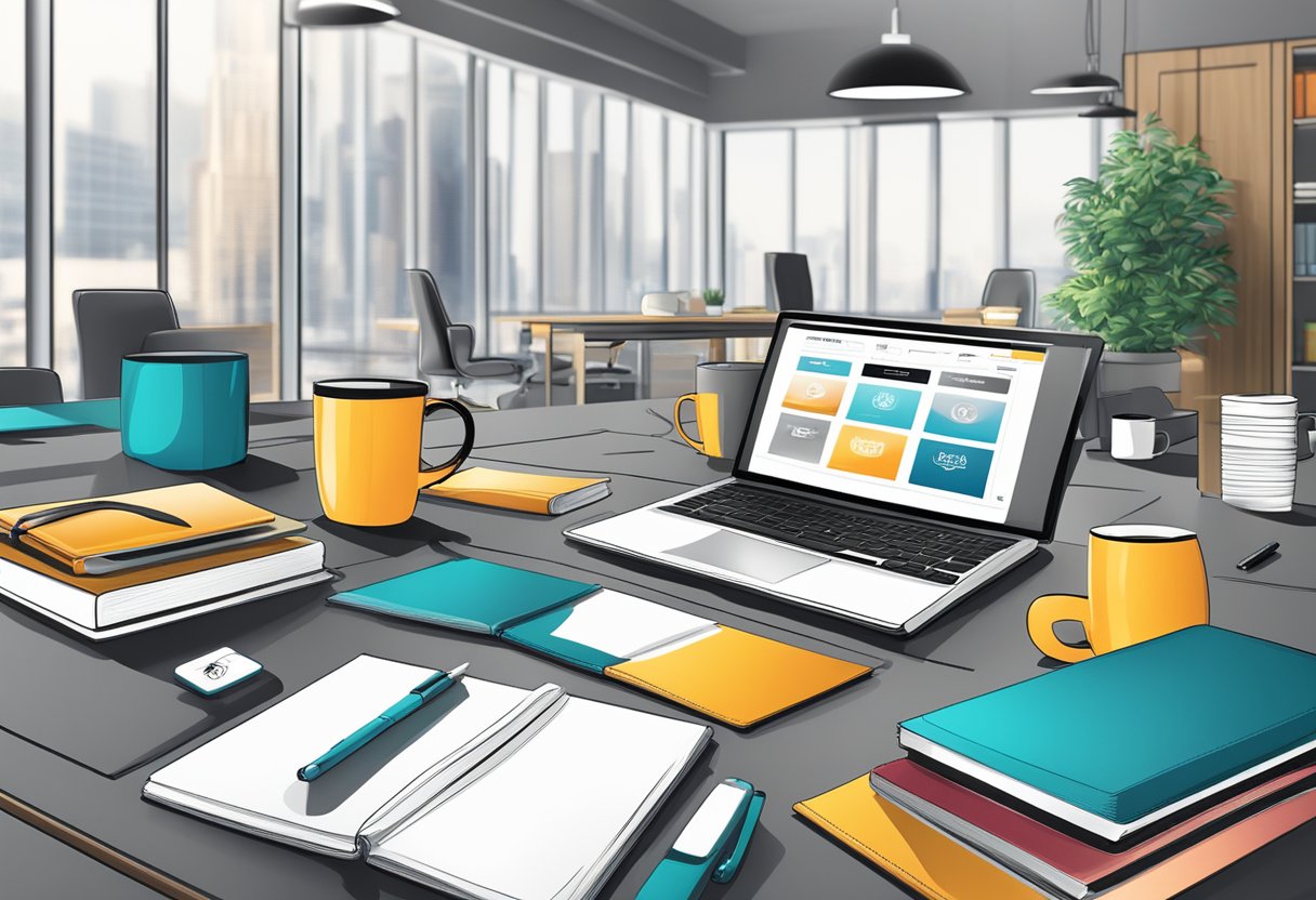A table with branded merchandise like mugs, notebooks, and gift baskets. A company logo prominently displayed. Bright and modern office setting