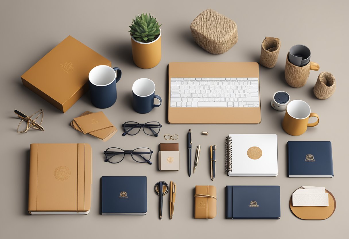A table displaying various handmade corporate gifts, including personalized mugs, engraved pens, and custom leather journals. The gifts are arranged neatly with elegant packaging and branding