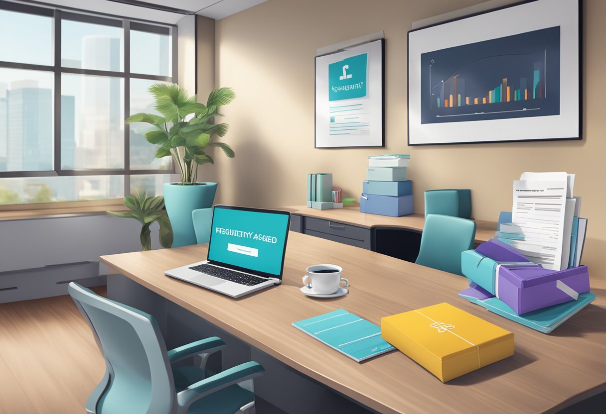A table with various branded corporate gifts and a sign that reads "Frequently Asked Questions smart corporate gifts" displayed in a professional office setting