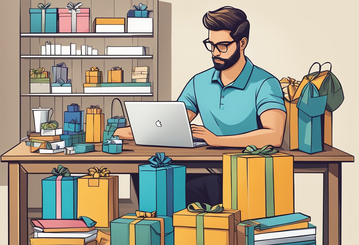A person browsing through various corporate gift options, including branded items and personalized gifts, with a thoughtful expression