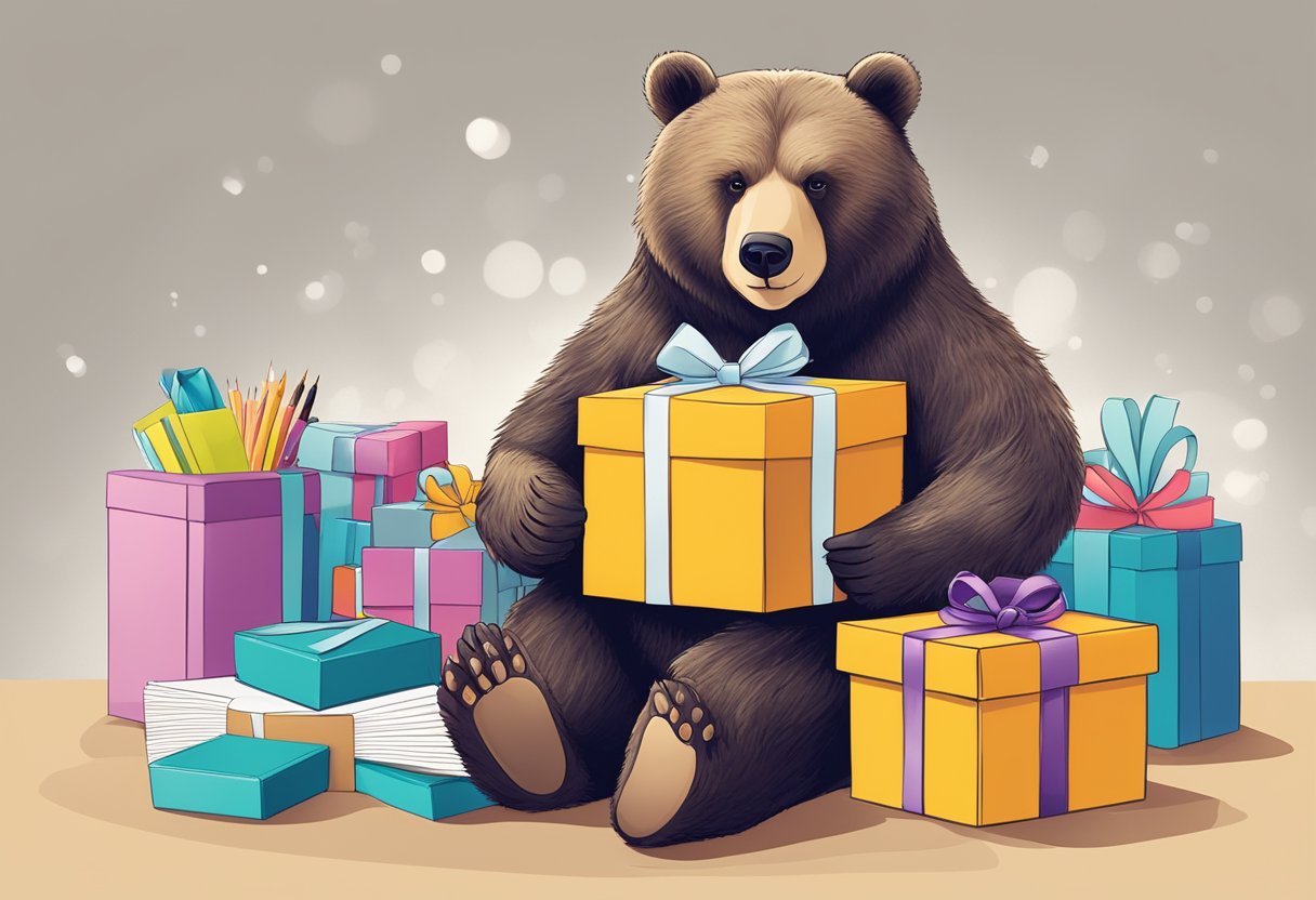 A bear holding a gift box with a corporate logo, surrounded by office supplies and a sign saying "Customisation corporate gift bear."