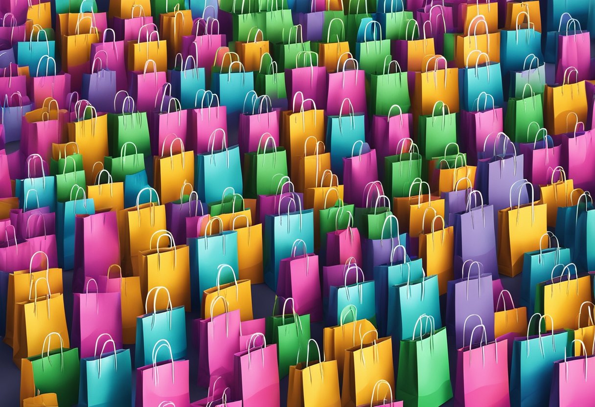 Colorful custom shopping bags piled high, ready for wholesale distribution