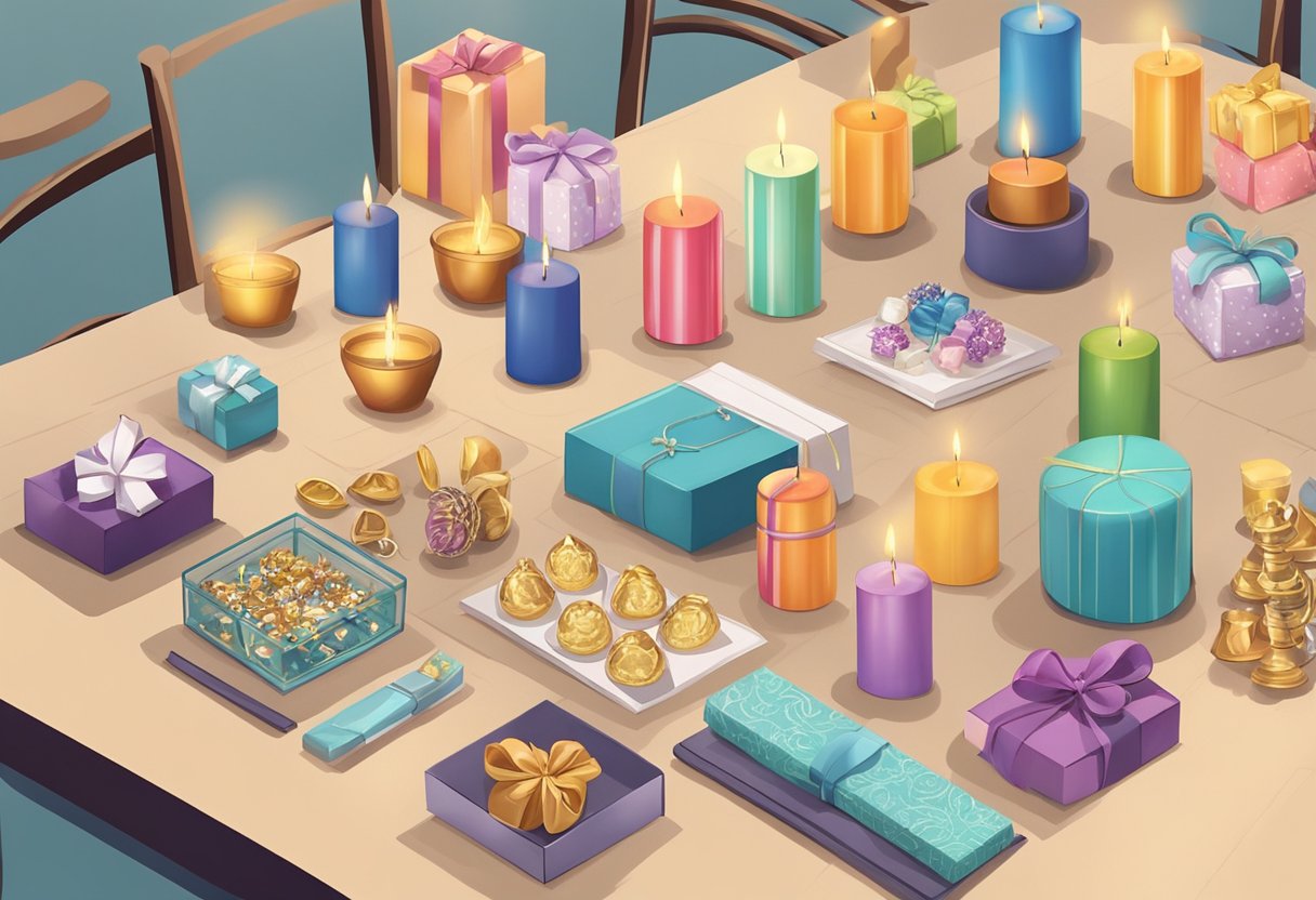 A table with various small gift items like candles, chocolates, and jewelry displayed neatly. A person is carefully selecting one item