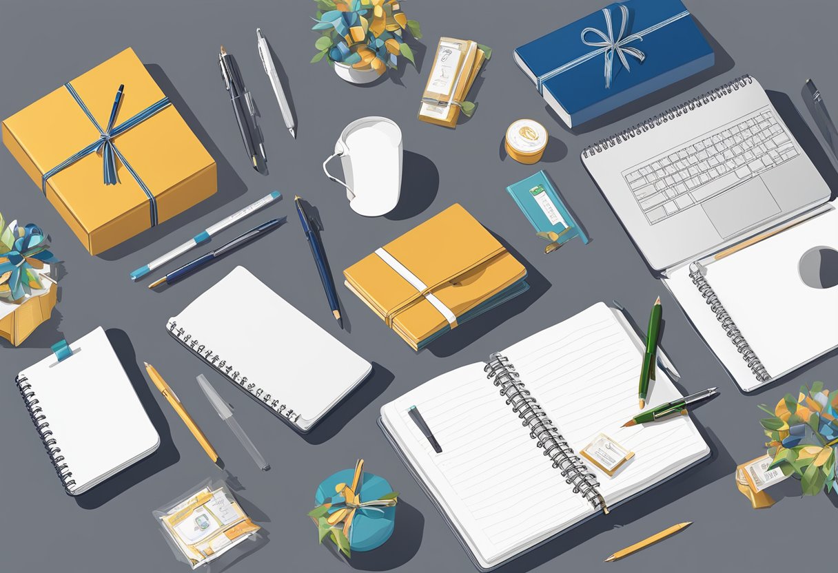 A table with various corporate gifts: branded pens, notebooks, and gourmet gift baskets, ready to be packed and sent overseas