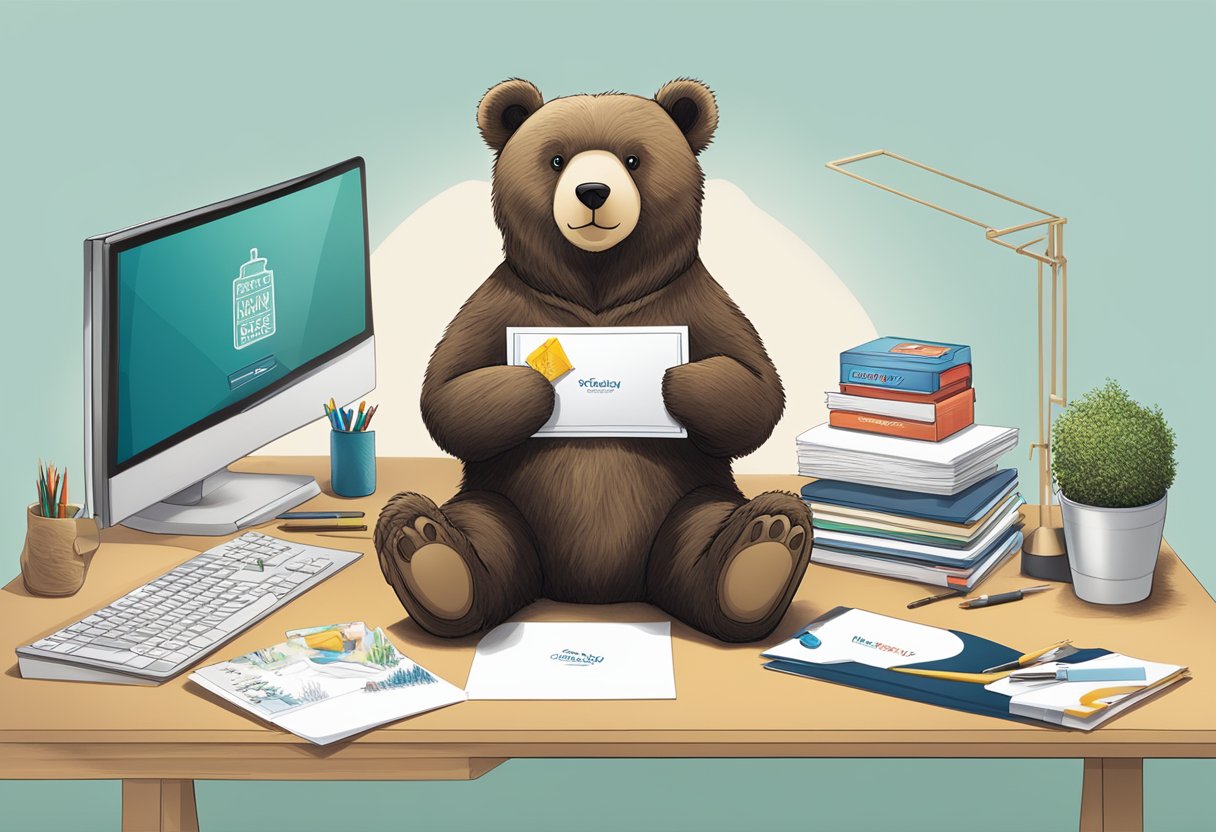 A corporate gift bear sits on a desk surrounded by branded items and a thank you card