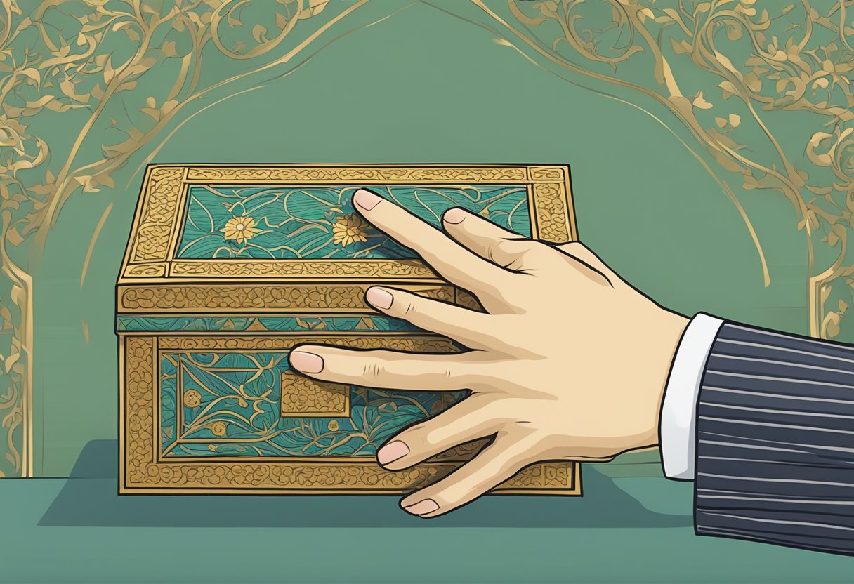 A hand reaching for a decorative box labeled "Muslim Door Gifts" at a corporate event