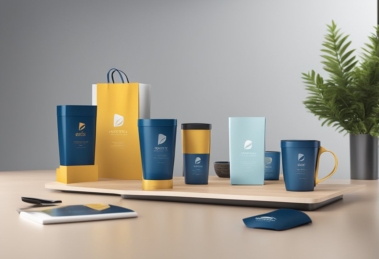 A group of corporate gift items displayed on a sleek, modern table with the Innovative Gift Solutions logo prominently featured in the background