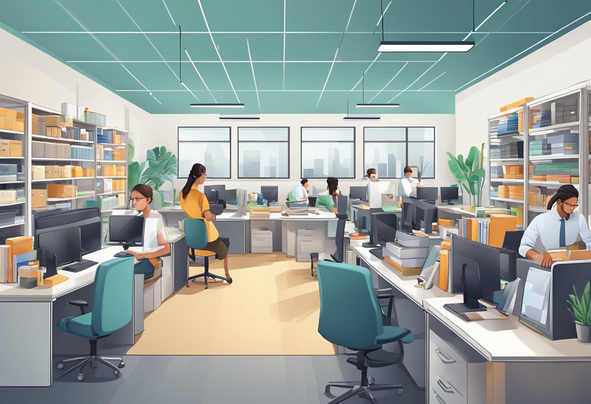 A bustling office with employees working at desks, shelves stocked with various products, and a customer service counter