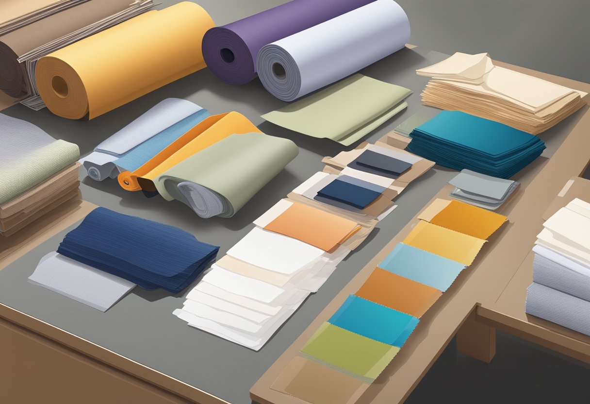 A table displays various fabric swatches and paper samples for custom shopping bags. Rolls of different materials sit nearby