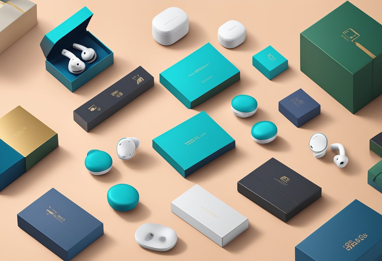 A table displays sleek wireless earphones surrounded by branded corporate gift boxes