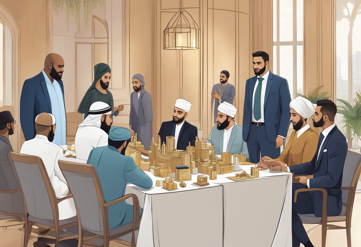 A table adorned with elegant Muslim-themed corporate gifts, surrounded by business professionals engaged in conversation and networking