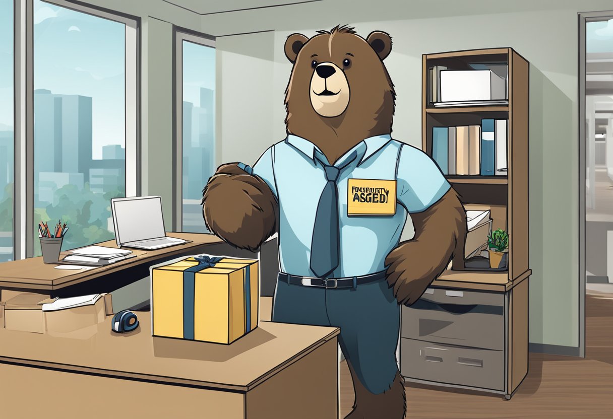 A bear holding a corporate gift box with a "Frequently Asked Questions" label. The bear is standing in a professional office setting with a desk and computer