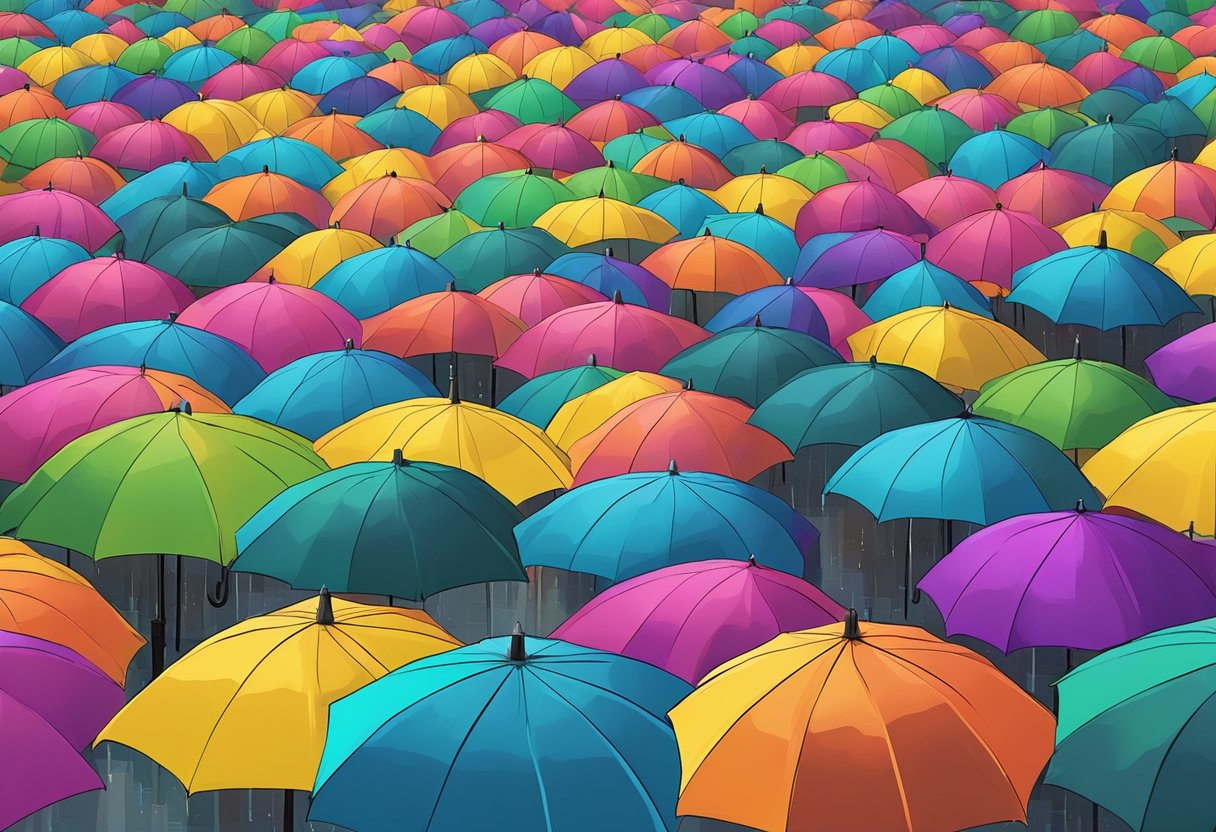 A colorful, customized umbrella stands out in a crowd of plain ones on a rainy city street