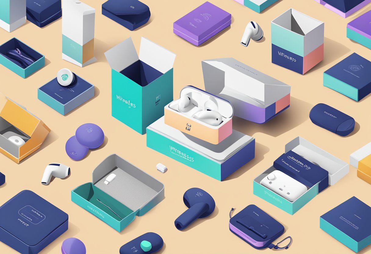 A hand reaches for a sleek box labeled "Wireless Earphones" among a display of corporate gifts