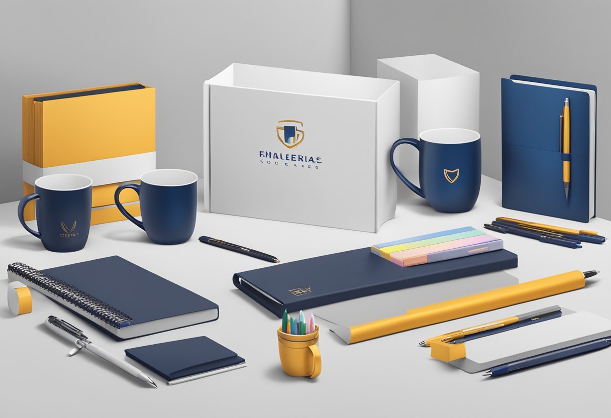 A table adorned with branded pens, notebooks, and mugs. A sleek gift box displays the company logo