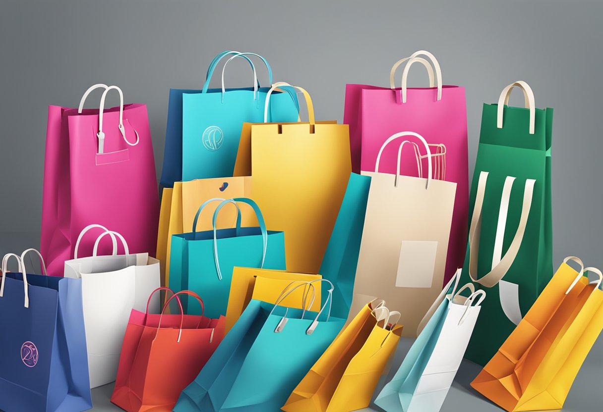 A table covered with various custom shopping bags, showcasing different branding strategies