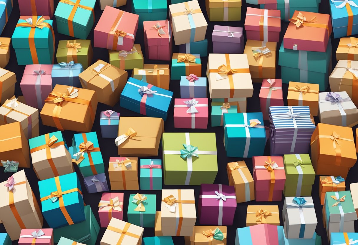 A pile of gift boxes labeled with international destinations, surrounded by packing materials and shipping labels