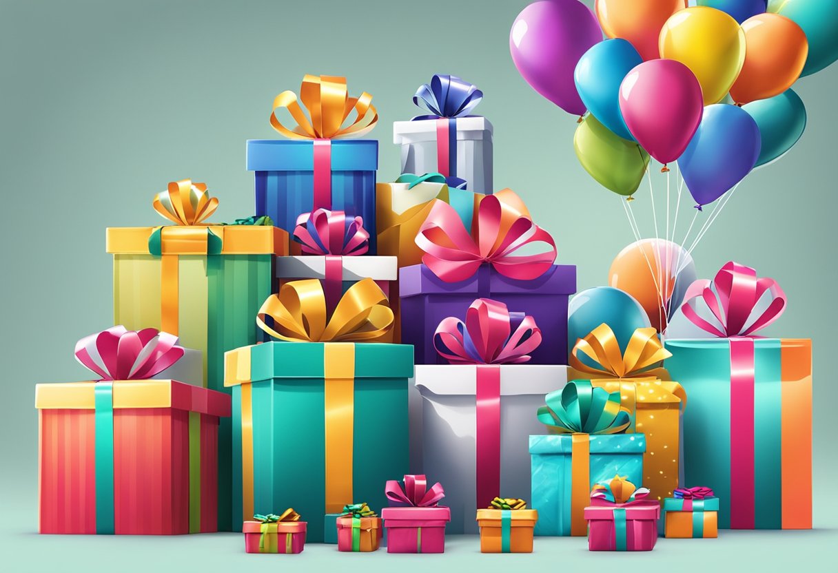 A table stacked with colorful gift bags and boxes, logo prominently displayed. Balloons and ribbons add festive touch