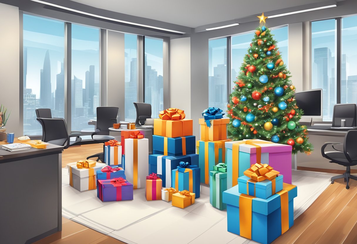 A table adorned with branded gift boxes, ribbons, and corporate logos, surrounded by festive decorations and a backdrop of a bustling office setting
