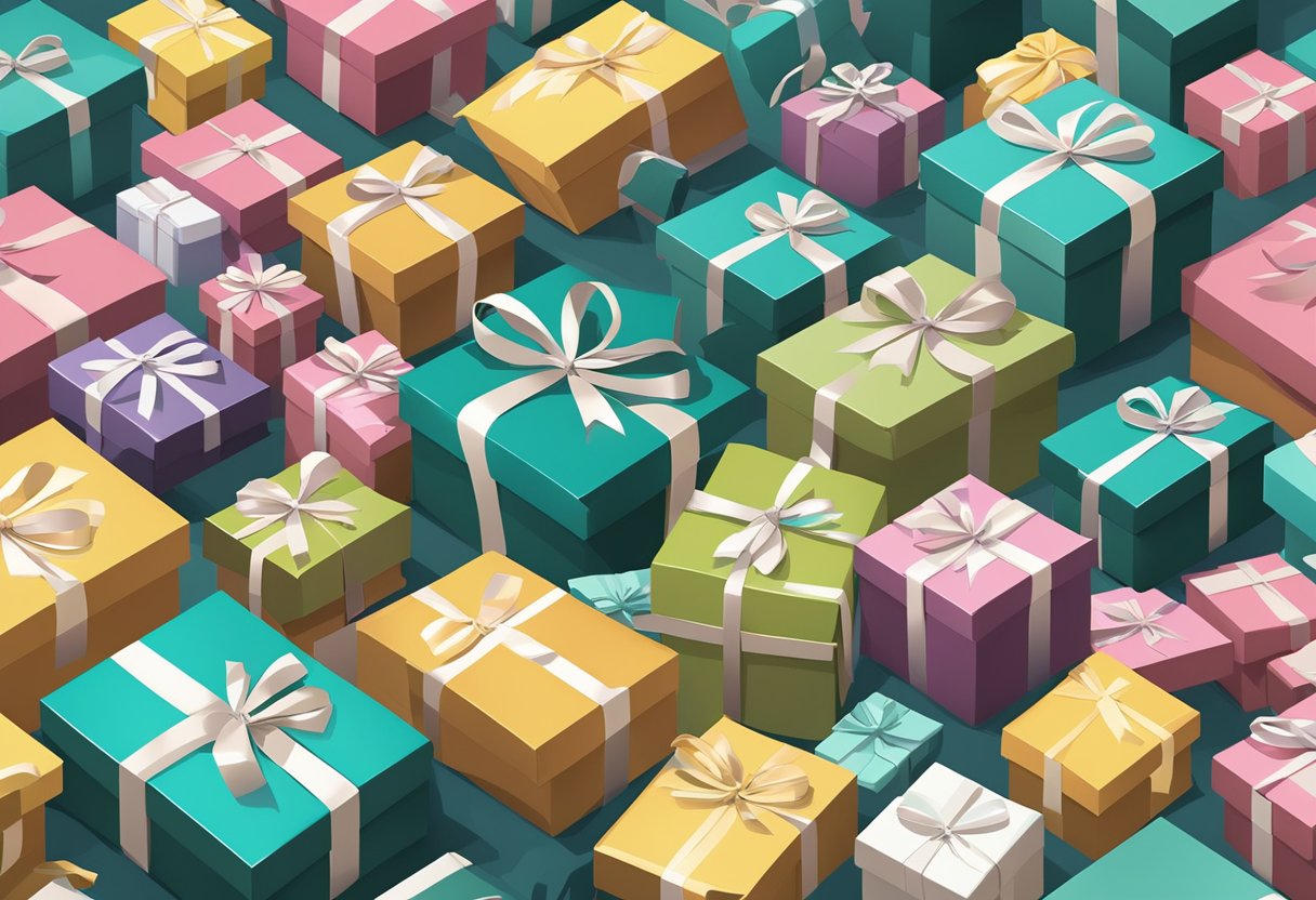 A stack of gift boxes labeled "Frequently Asked Questions corporate gifts" being packaged for overseas shipping