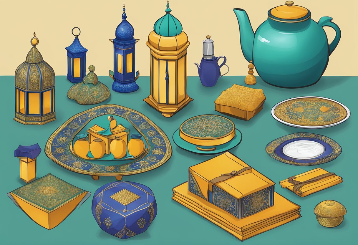 A table with various Muslim-themed door gifts displayed, including corporate logo-branded items