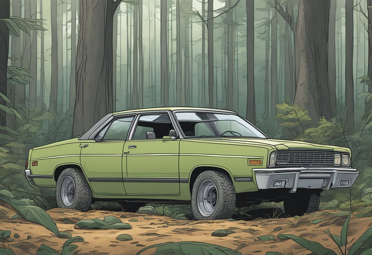 Caleb Leblanc's abandoned car sits at the edge of a dense forest, with tire tracks leading into the trees
