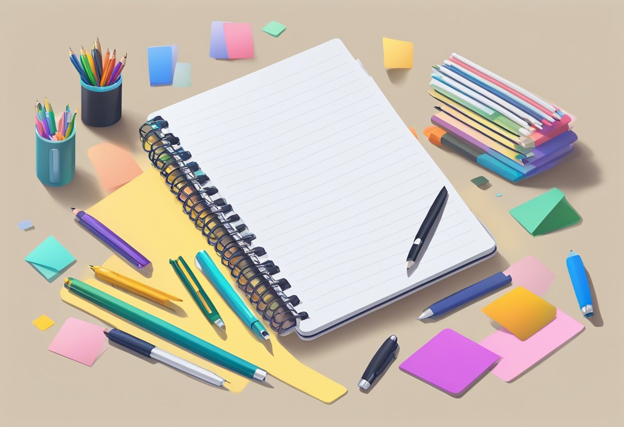 A customisable notebook lies open on a desk, with blank pages and a variety of colorful pens scattered around it